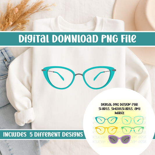 5 Colorful Glasses PNG Digital Download | Use for T-Shirts, Mugs, Notebooks, Stickers, and more! Perfect For Optometrists and Opticians